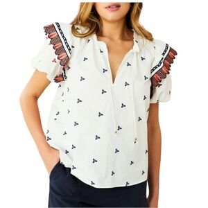 Marie Oliver Vida White Navy Blue Coral Embroidered Tie Neck Blouse - M